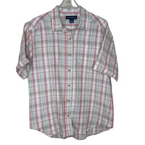 Mountain‎ Lake NWT VTG Linen Blend Plaid Button Up Short Sleeve Shirt Large boho